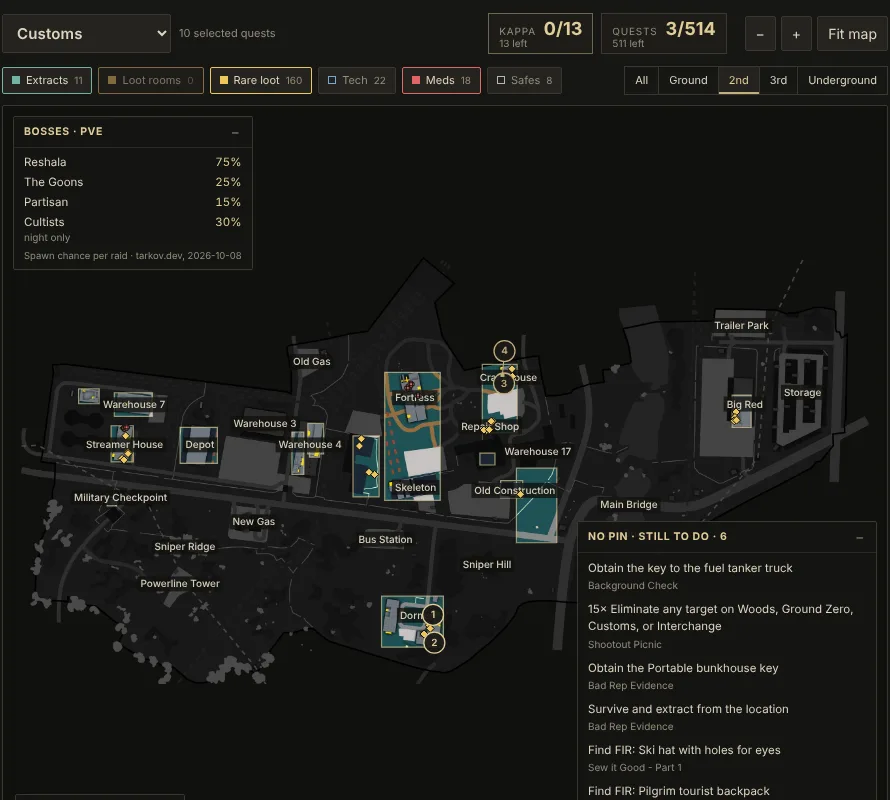 Customs with the second floor highlighted, rare loot and meds shown, and boss spawn chances in the corner