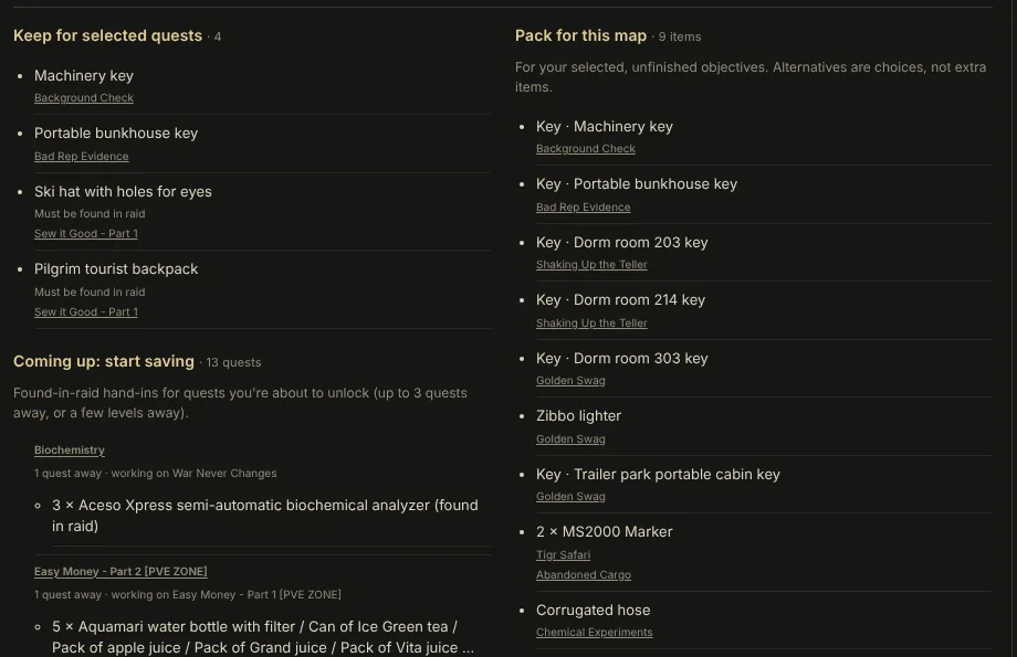 Keep for selected quests and Pack for this map lists